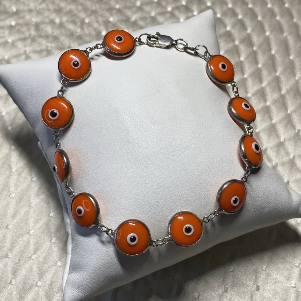 Sterling Silver 925 Evil Eye Bracelet Orange Beads Turkey 8”